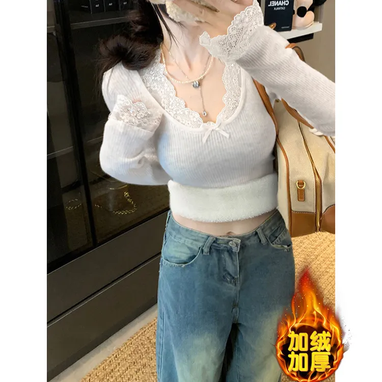 【蕾丝边打底衫】加绒上衣毛针织衫修身显瘦长袖蕾丝小众特色修身型商品图