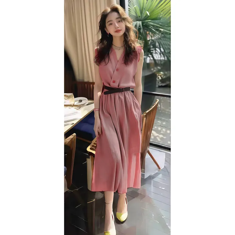 名媛风V领连衣裙女2025夏季新款高级感优雅气质无袖收腰显瘦裙子