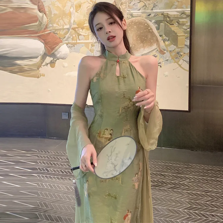 画报夫人夏季新中式女装古风两件套装辣妹改良旗袍轻款少女挂脖连