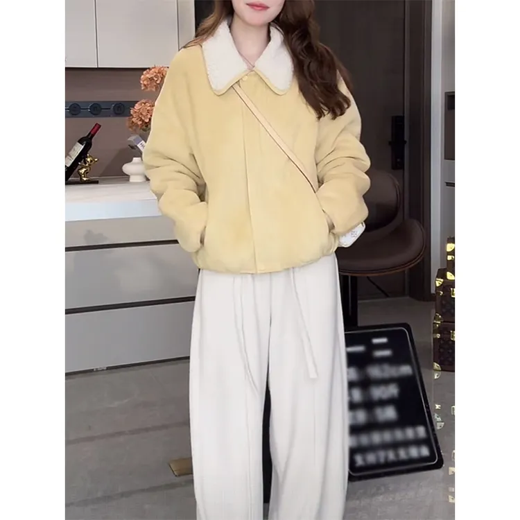 深冬独特超好看羊羔毛外套女短款小个子时尚百搭翻领加绒加厚上衣