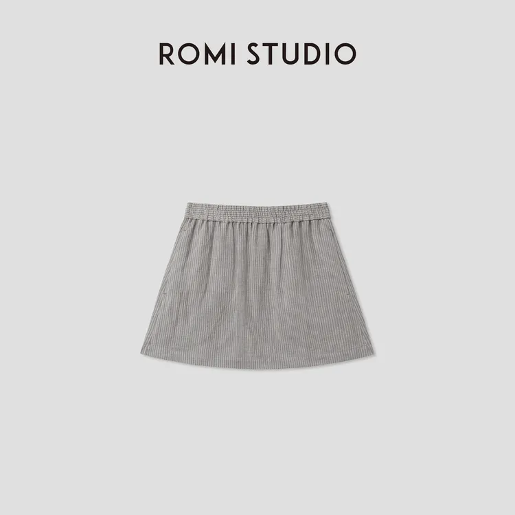 ROMI STUDIO“自然随性”100%色织亚麻复古灰条纹短半裙 RWCSXM2971