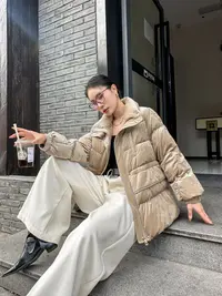 【琪的style】 885388女宽松短款立领秋冬连帽厚款纯色小个子街头风