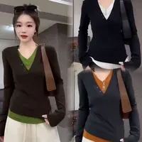 V领拼接撞色假两件长袖T恤修身半开领设计感上衣秋季大码女装打底
