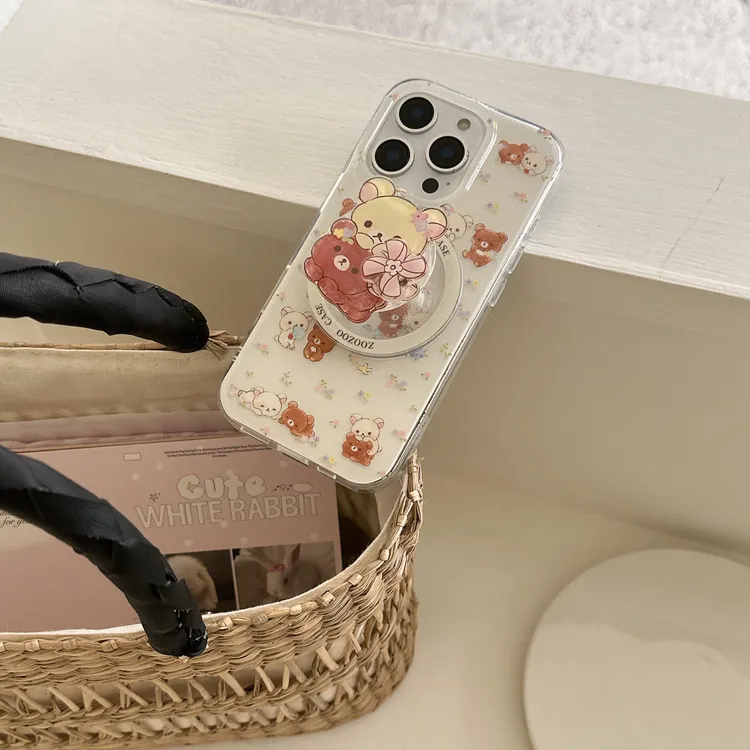 可爱碎花轻松熊磁吸支架适用iphone16Promax苹果15手机壳14双层13