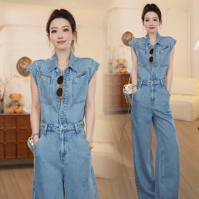 时尚工装直筒裤女2025夏季新款设计感韩版显瘦无袖蓝色牛仔连体裤