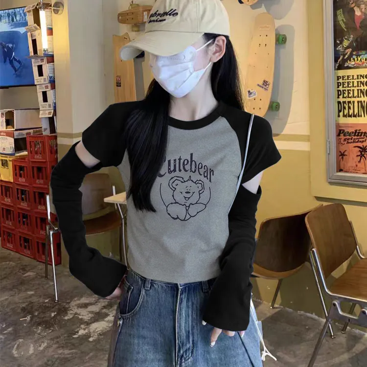 撞色插肩袖破洞上衣潮春秋气质长袖T恤女内搭2025新款打底衫显瘦