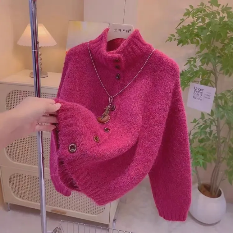 秋冬新款单排扣黄色针织毛衣外套甜美温柔风半高领减龄上衣开衫