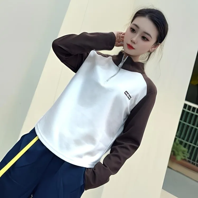 秋季新款常规韩版运动立领修身女长袖百搭纯色T恤半拉链森系