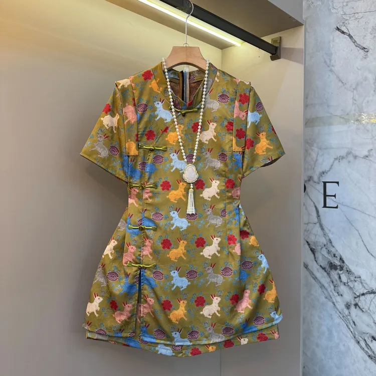 2025夏季新款新中式国风复古印花立领斜襟盘扣上衣短裤两件套618