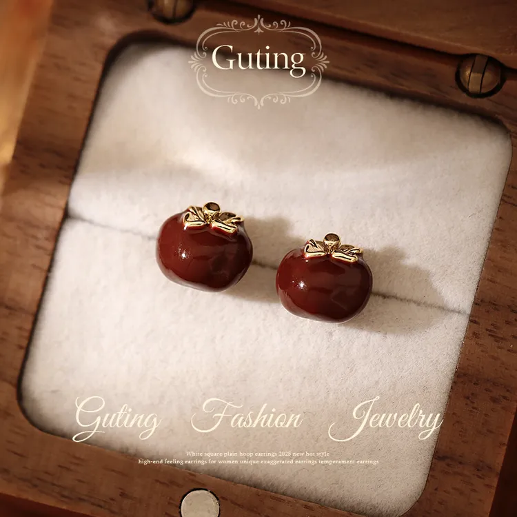 铜合金耳饰 23175红色豆豆花朵耳钉女精致小巧养耳洞耳饰品耳环