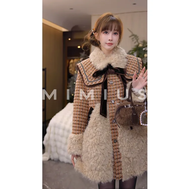 【mimius】P 羊毛复古格调毛绒蝴蝶结翻领大衣外套 G12018
