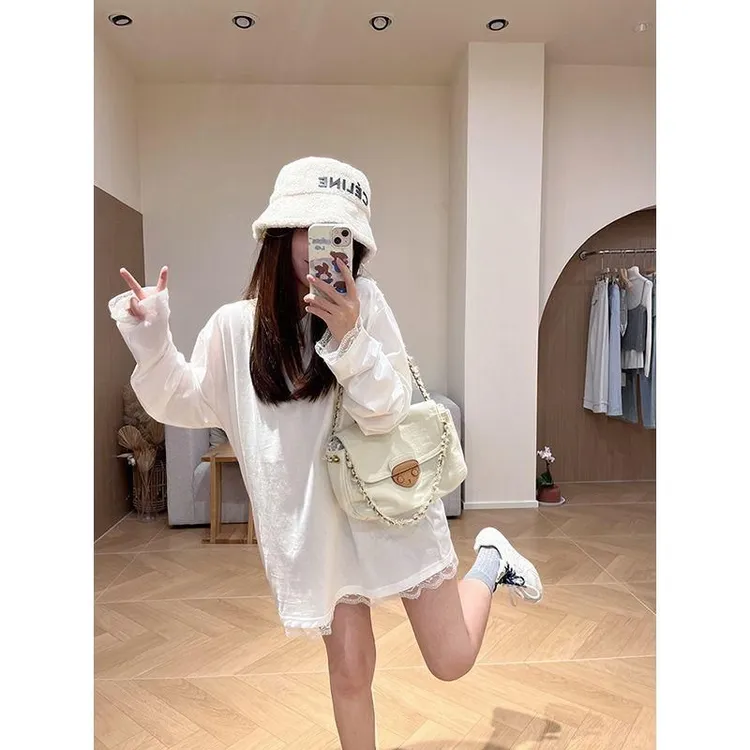 欧货2025春秋韩系圆领宽松白色大T恤蕾丝拼接花边长款女士打底衫