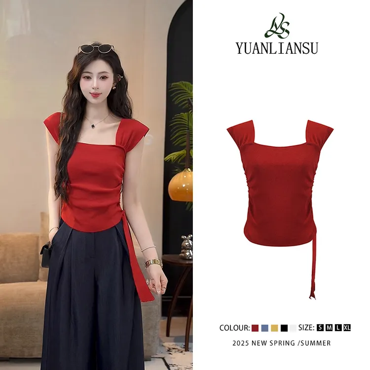 【花海望月】夏季红色设计感小众气质短袖针织衫