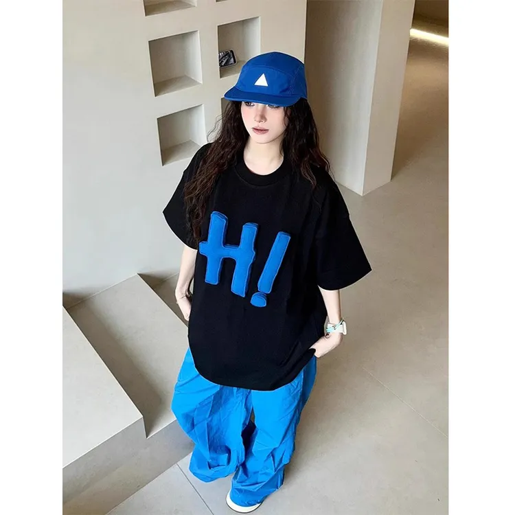 黑色美式立体字母短袖男夏季欧美潮牌小众设计感t恤宽松重磅半袖