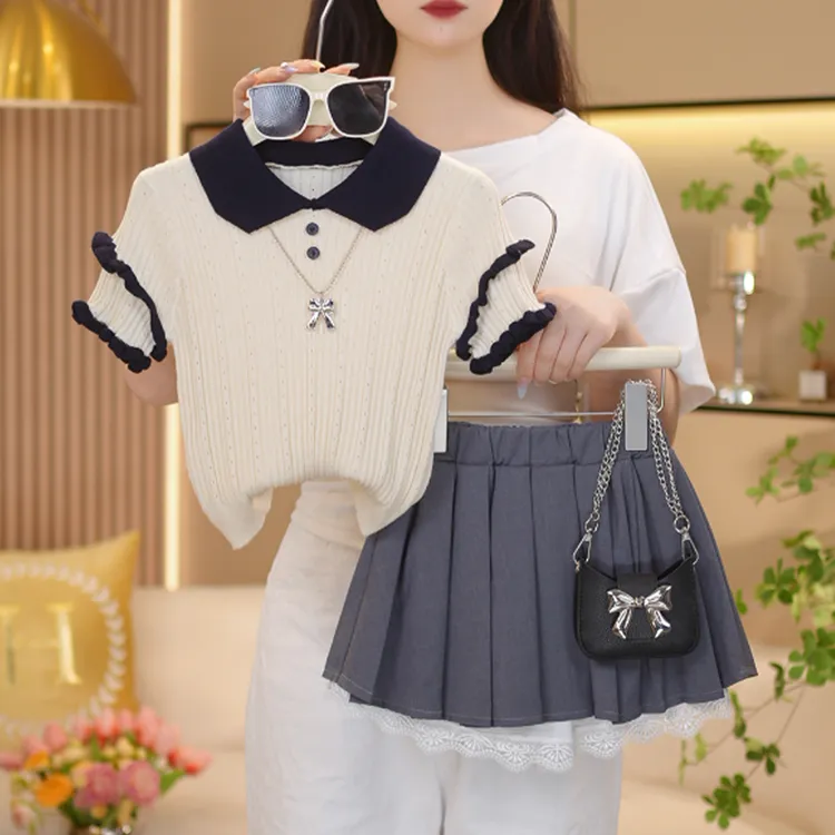 【闺蜜家】女童2025夏季新款法式学院风正肩短袖T恤百褶裙套装-8404