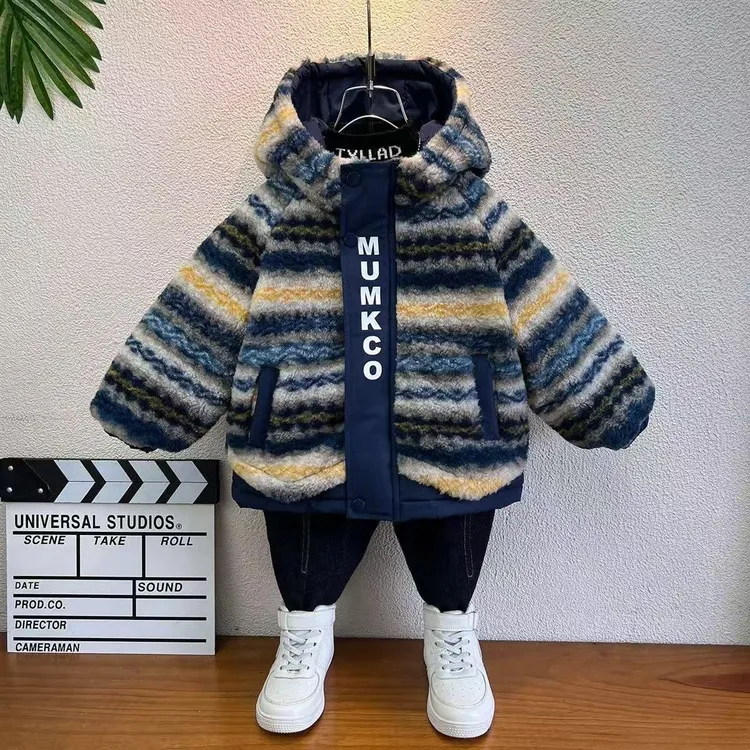 男童加绒外套冬装2025新款儿童毛毛衣洋气宝宝夹棉棉服秋冬小男孩