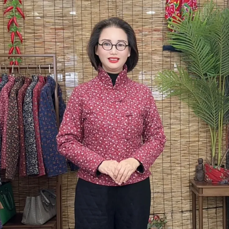 <花簇>2159-2修身型常规款女式纯色保暖薄款棉服印花碎花立领斜襟