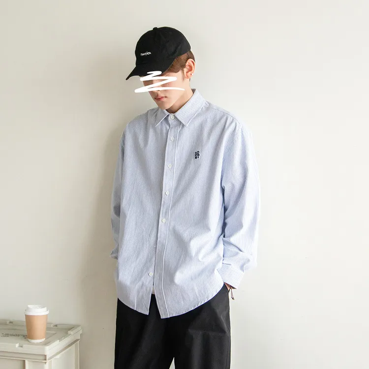 苏打汽水工作室春季新款贴布绣条纹衬衫男女同款青春时尚休闲衬衣