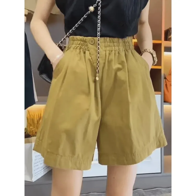 大码宽松松紧腰五分阔腿裤女夏季高腰显瘦设计感洋气减龄字短裤