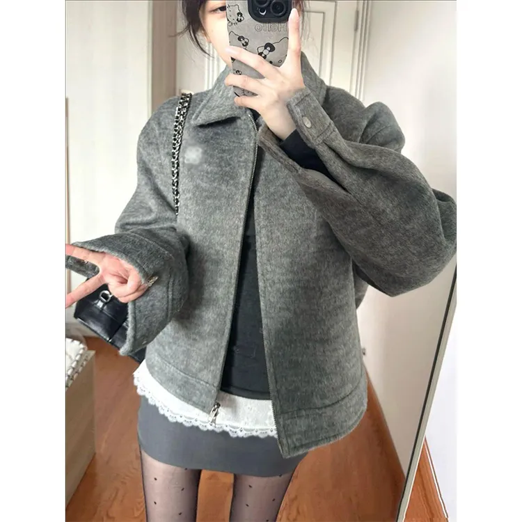 美式复古翻领毛呢夹克外套女2025年秋季新款宽松显瘦开衫长袖上衣