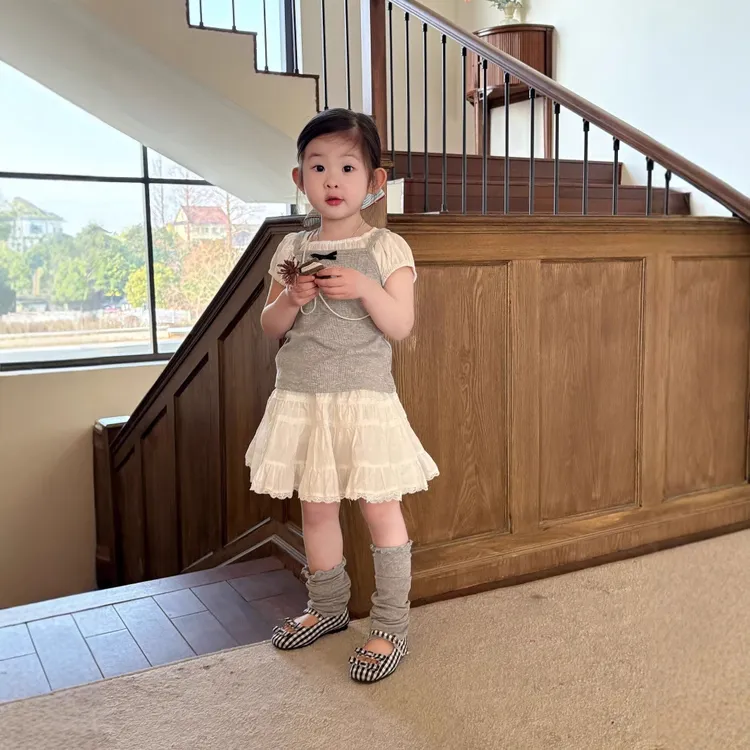 《现货》女童2025夏季新款韩版百搭甜美蝴蝶结拼接短袖蛋糕裙套装