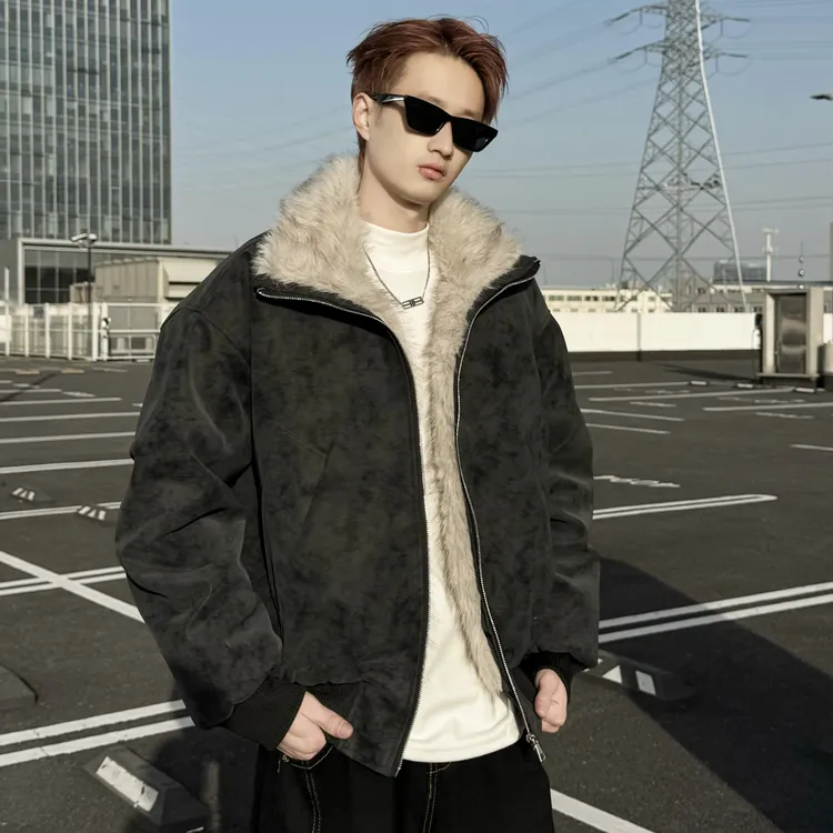 美式时髦冬款座山雕棉服男女宽松高级感痞帅毛毛外套夹棉PU皮夹克