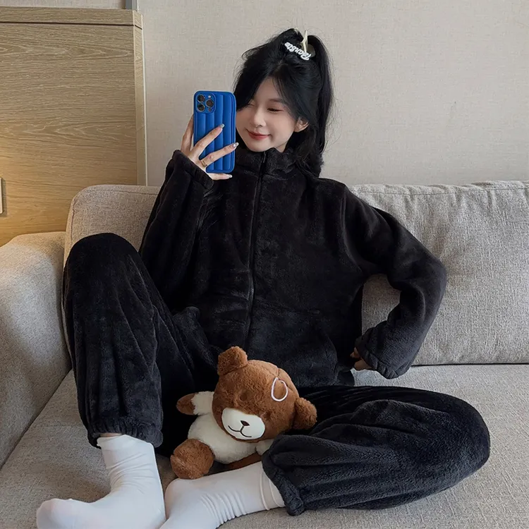 大码睡衣女秋冬季立领拉链黑色宽松胖mm宽松200斤牛奶绒加绒套装