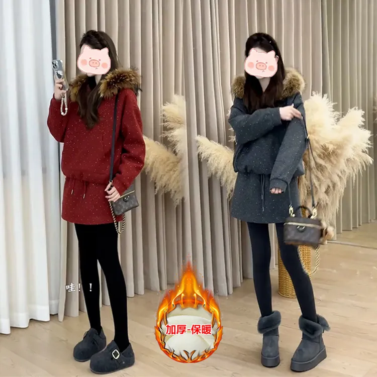 2025年冬季时尚百搭套装毛领设计短款上衣搭配半身裙两件套女潮