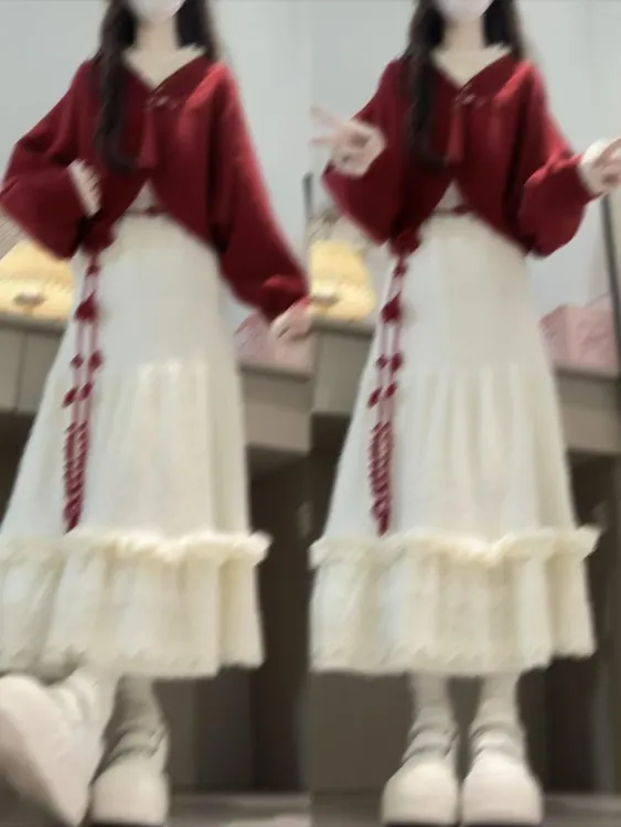 秋冬穿搭一整套女2025韩系打底衫红色短款毛衣外套半身裙三件套女