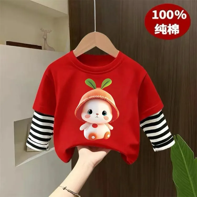 儿童春秋季新款纯棉长袖T恤2025女童洋气卡通韩版条纹假两件上衣k