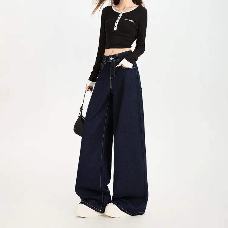 丹宁色复古阔腿牛仔裤女春秋2025新款高腰垂感小个子直筒拖地裤子