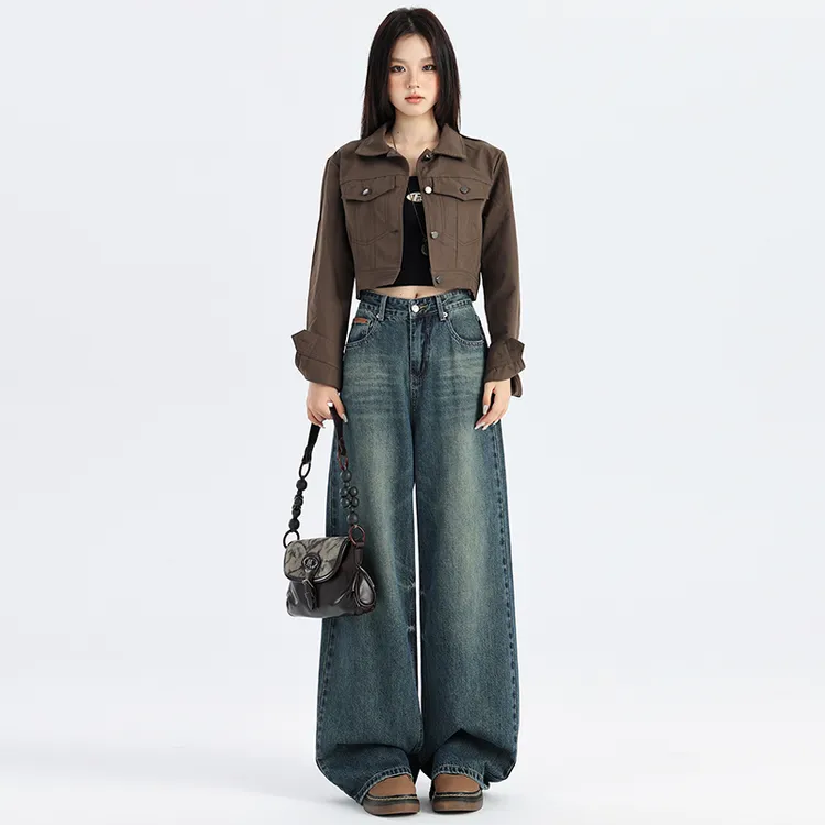 PANO AROMA复古简约休闲牛仔裤女2025秋新款宽松显瘦百搭阔腿长裤