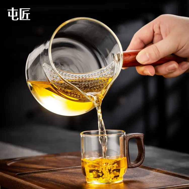 新款耐热玻璃月牙公道杯茶漏一体绿茶专用茶具高档木把分茶器家用