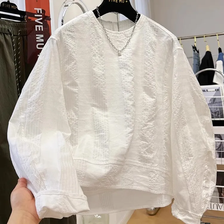 高级感韩系独特别致圆领长袖衬衫女春季法式小衫超好看肌理感上衣