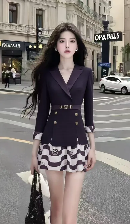 新款时尚通勤风黑色V领长袖收腰上衣+条纹百搭半身裙女减龄两件套