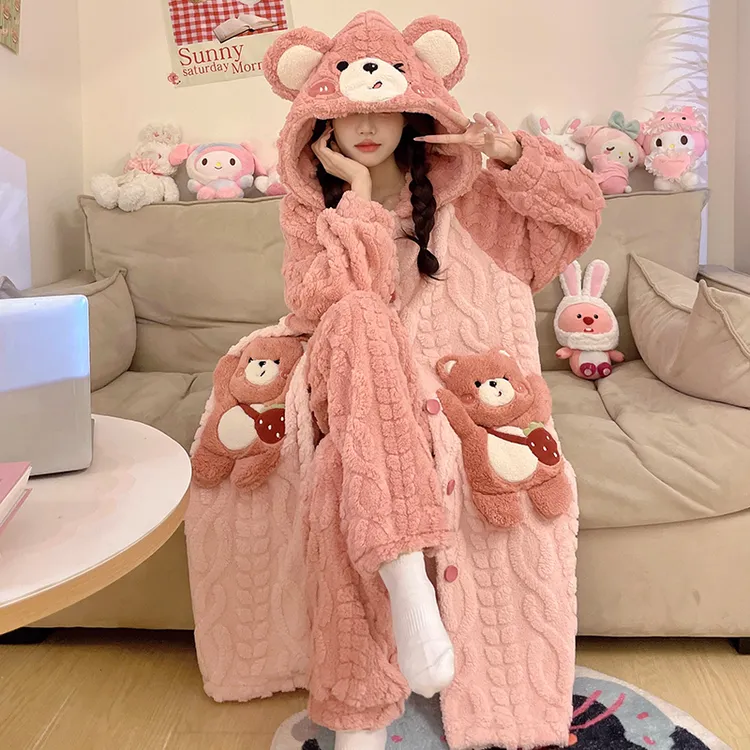 珊瑚绒睡衣女款秋冬季加厚加绒冬天卡通可爱家居服套装睡袍可外穿