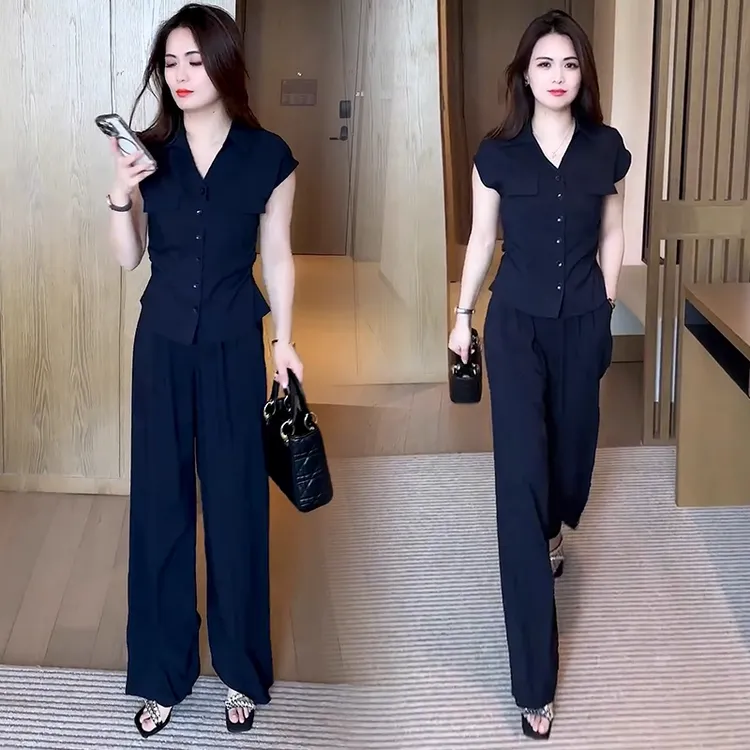 时尚气质套装女2025夏季新款洋气显瘦衬衫阔腿裤休闲百搭两件套潮