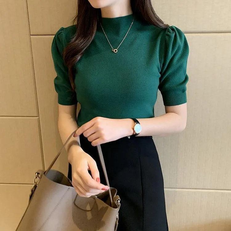 2025年秋季新款短袖针织衫女短款T恤半高领打底衫法式泡泡袖上衣