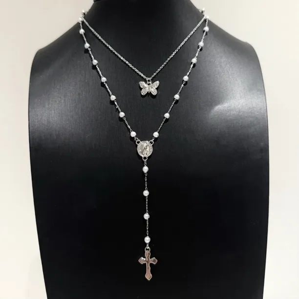 合金项链 【17SR】珍珠蝴蝶叠戴两件十字架项链银色