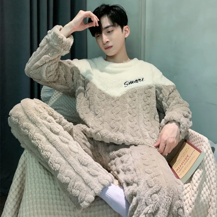 男士睡衣秋冬款法兰绒睡衣男加厚珊瑚绒家居服套装可外穿男士睡衣