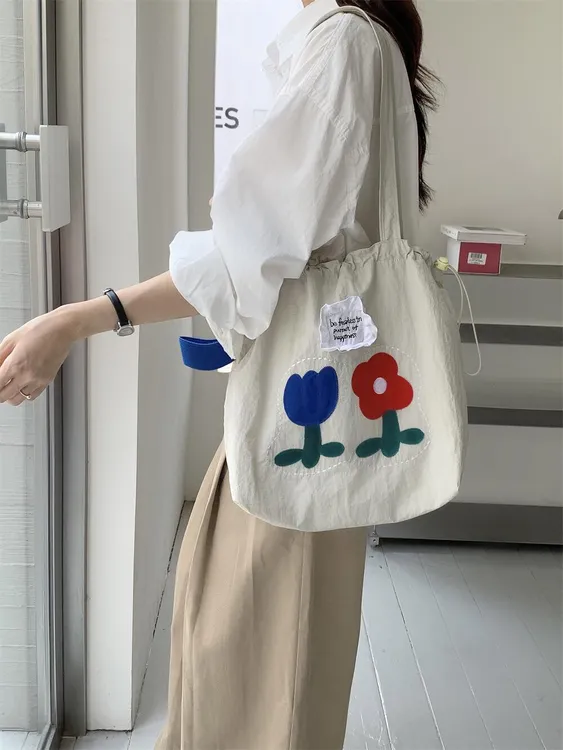双根托特包收纳袋花朵耐磨单肩包休闲ins通勤风日系时尚百搭