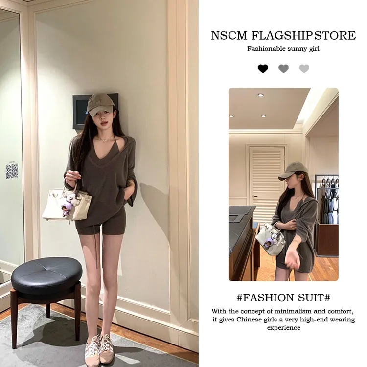 NSCM早秋新款短袖法式时尚套装慵懒风性感休闲套装性感风宽松吊带
