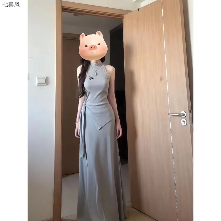 新款夏季韩风时尚通勤长裙绑带衬衣聚酯纤维梭织女装西装