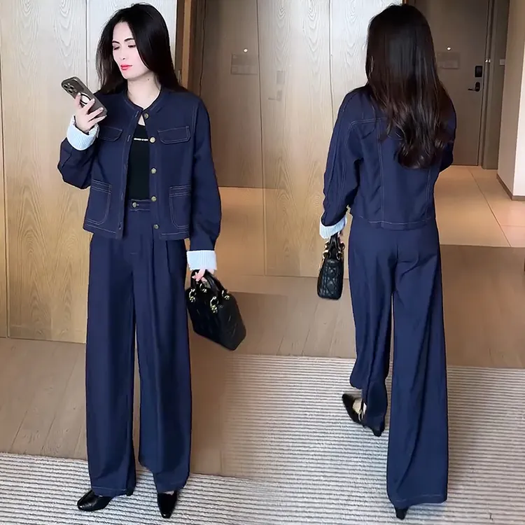 时尚牛仔套装女2025秋季新款洋气显瘦短款外套阔腿裤减龄两件套潮