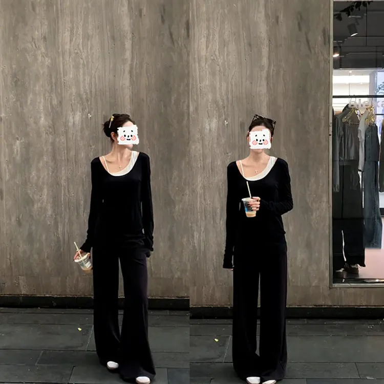 2025秋季新款设计感一整套慵懒风正肩长袖上衣女阔腿休闲裤两件套