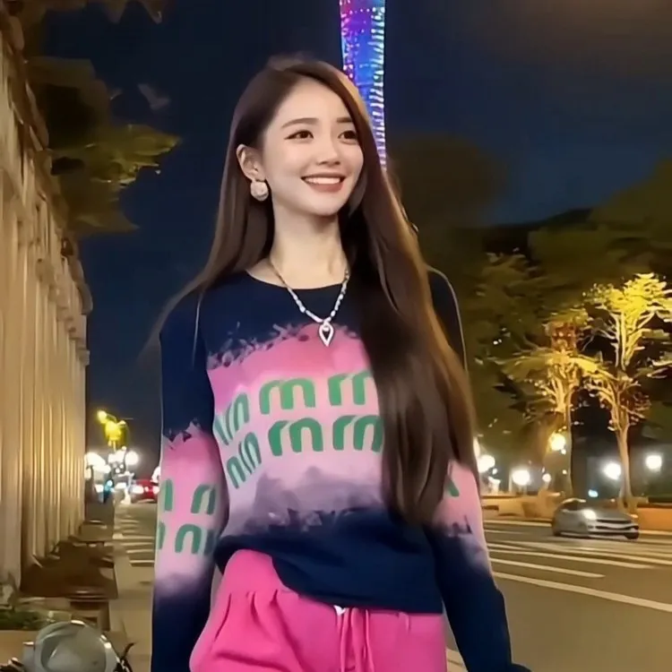 【辣妹风】撞色印花休闲内搭网纱早秋新款洋气长袖女款圆领t恤上衣