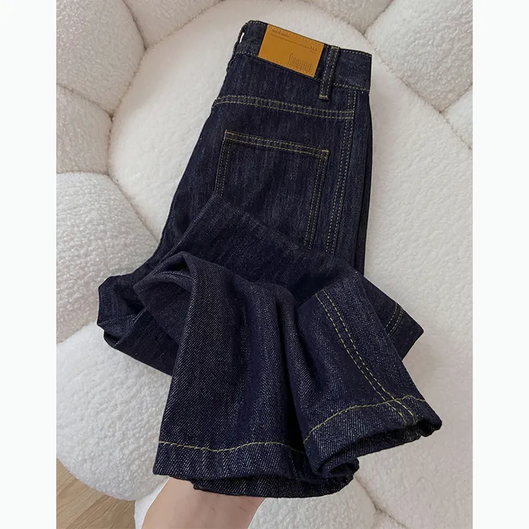 拉夏贝尔丹宁深蓝色牛仔裤女爆款2025炸街潮款裤子秋冬直筒阔腿裤