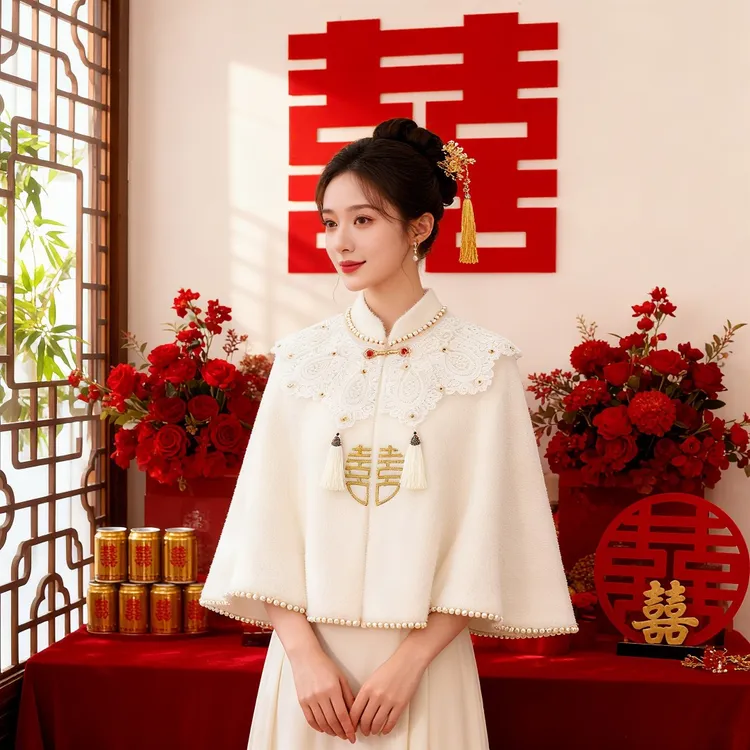 白色披肩新娘敬酒服旗袍秋冬斗篷外套保暖中式短款结婚礼服披风