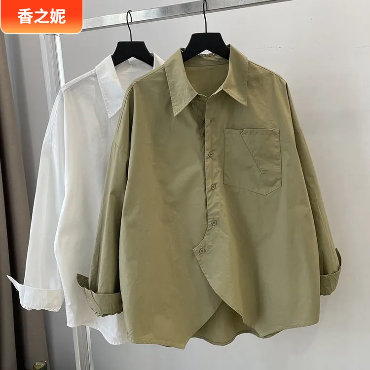 1胖mm300斤春秋不规则斜扣白色衬衫女大码宽松感休闲长袖衬衣I