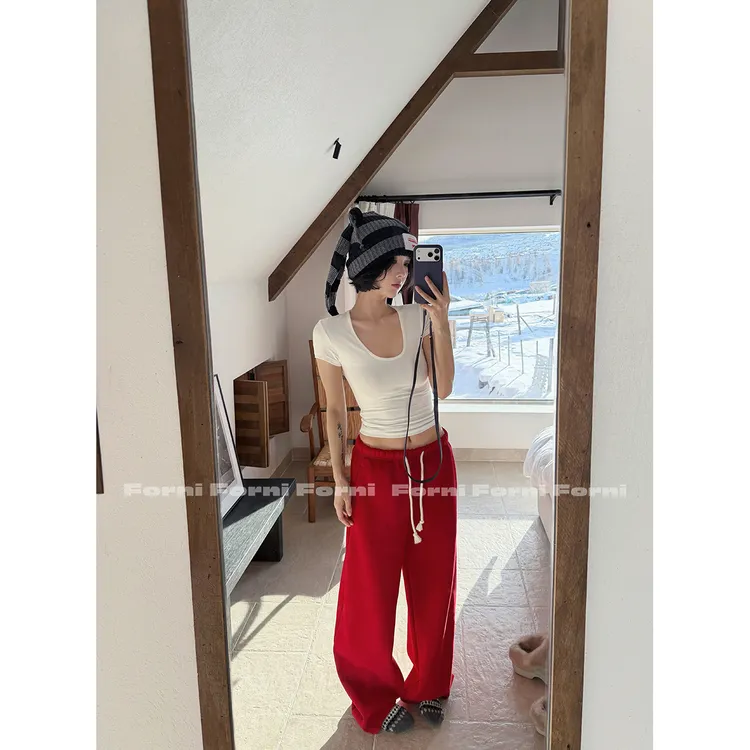 FORNI 御寒裤 空气层加绒加厚撞色抽绳直筒卫裤